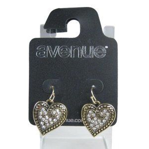 NEW Avenue Rhinestone Heart Dangle Earrings Pierced Metal Goldtone Swirl 1.25 in